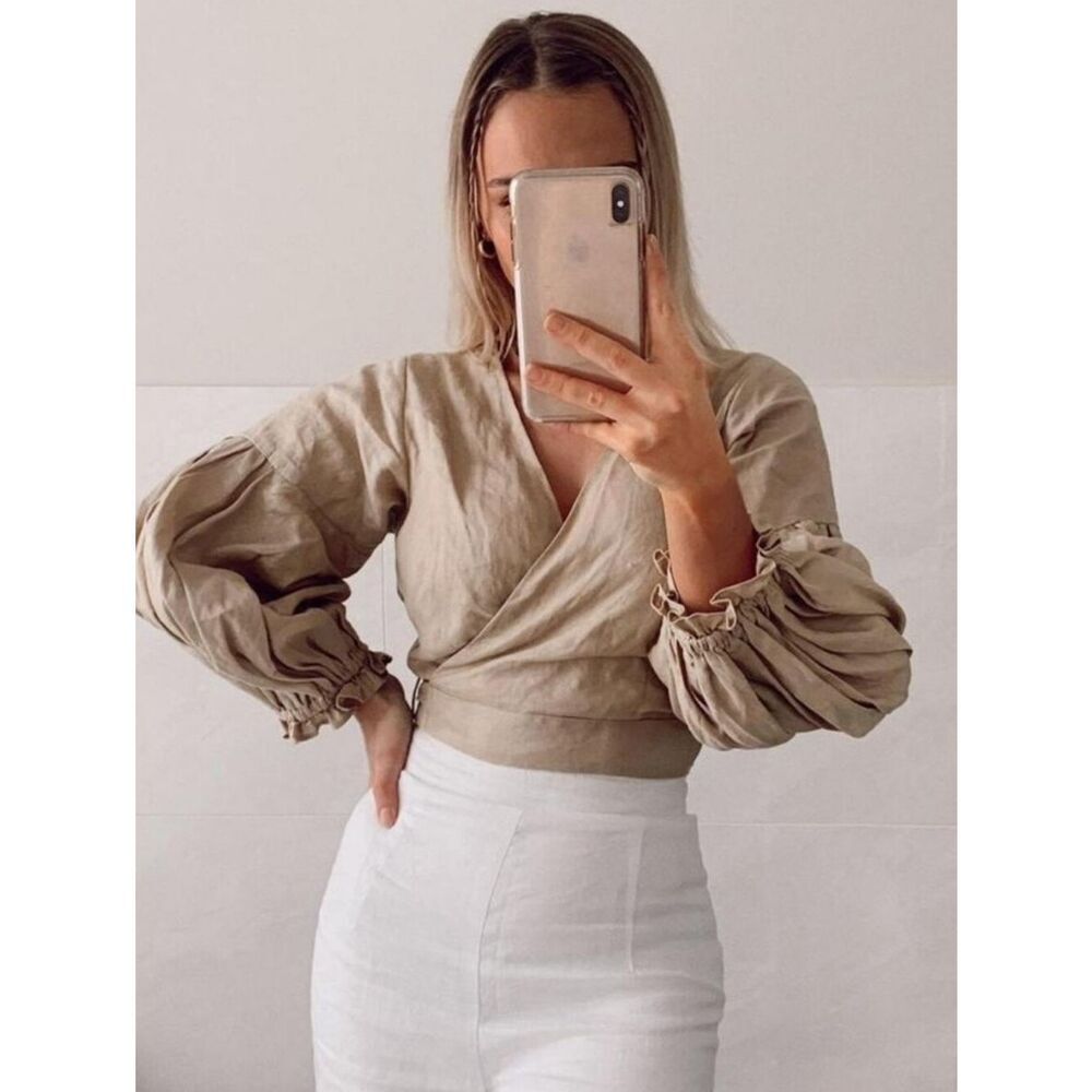 Dissh Wrap Front Balloon Sleeve Crop Top - Beige Size Small - Picture 9 of 9